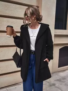 SHEIN LUNE Solid Dual Pocket Hooded Teddy Coat - Black - View 7