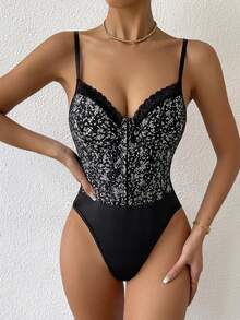 Hook And Eye Lace Cami Bodysuit - Black - View 6