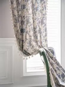 Bubaba 1pc Floral Linen Print Retro Blackout Curtain, Boho Farmhouse Style With Rod Pocket & Tassels, Suitable For Living Room, Bedroom, Bay Window, Dining Room, Kitchen, Holiday Decor, All Season - Beige - View 2