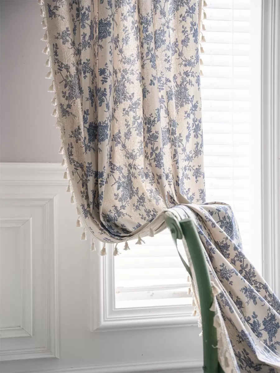 Bubaba 1pc Floral Linen Print Retro Blackout Curtain, Boho Farmhouse Style With Rod Pocket & Tassels, Suitable For Living Room, Bedroom, Bay Window, Dining Room, Kitchen, Holiday Decor, All Season