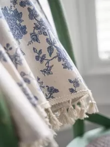 Bubaba 1pc Floral Linen Print Retro Blackout Curtain, Boho Farmhouse Style With Rod Pocket & Tassels, Suitable For Living Room, Bedroom, Bay Window, Dining Room, Kitchen, Holiday Decor, All Season - Beige - View 8