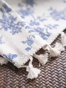 Bubaba 1pc Floral Linen Print Retro Blackout Curtain, Boho Farmhouse Style With Rod Pocket & Tassels, Suitable For Living Room, Bedroom, Bay Window, Dining Room, Kitchen, Holiday Decor, All Season - Beige - View 10