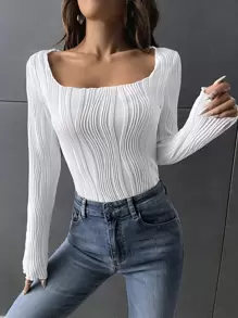 SHEIN Privé Scoop Neck Ribbed Knit Tee - White - View 1