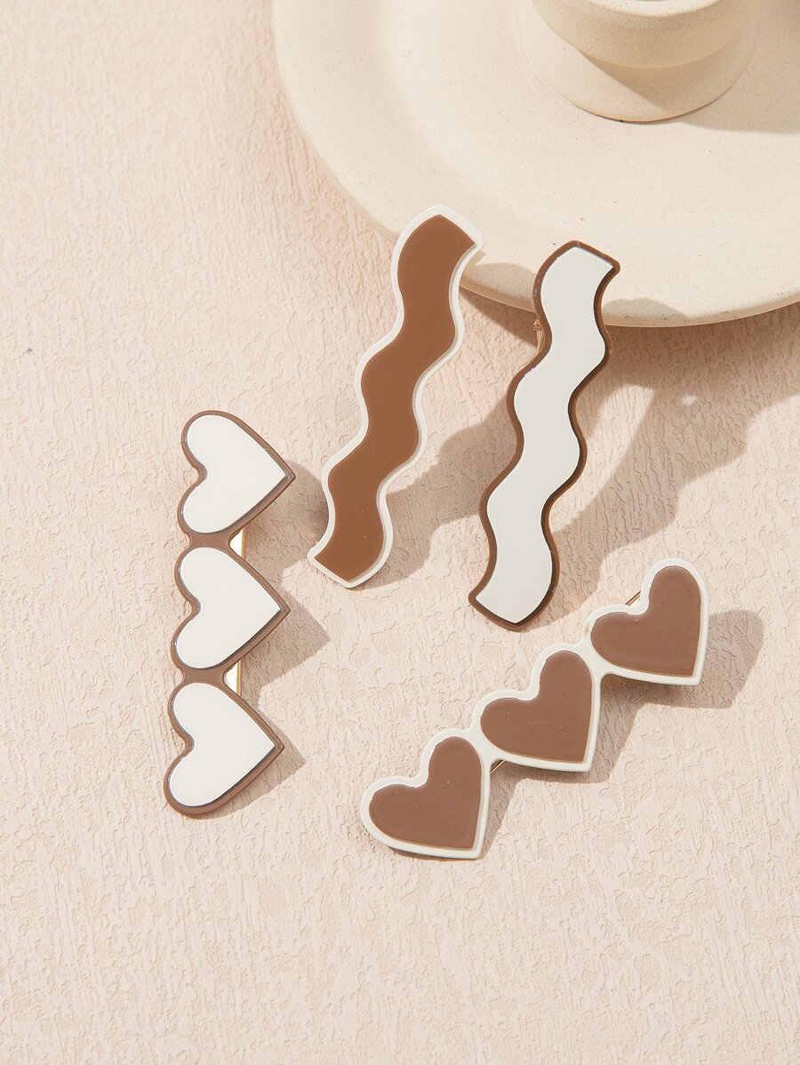 4pcs Heart & Wave Decor Alligator Hair Clip Cute - Multicolor - View 1