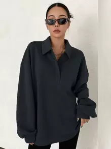 DAZY 純色下垂肩運動衫 - 黑色 - 查看 5