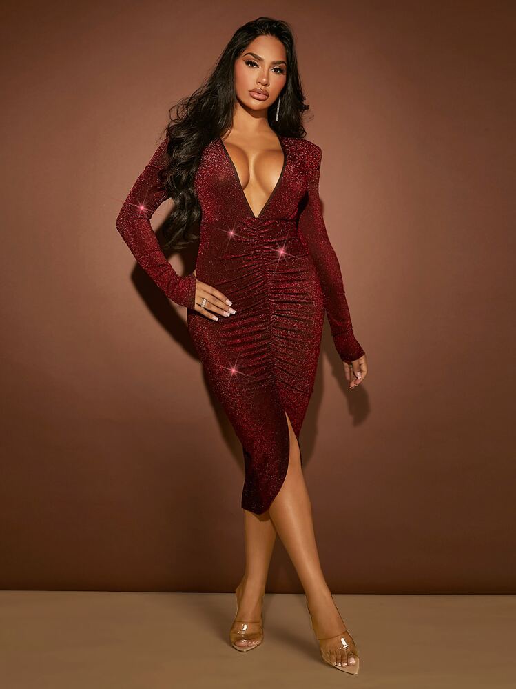 slim fit dress slacks Party with Passion Sequin Off Shoulder Ruched Slit Maxi Dress – roschic