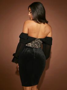 SHEIN SXY Đầm Lộ Lưng Tương phản ren cắt Dây kéo Khối Màu Buổi tiệc - màu đen - Xem 2