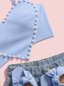 SHEIN ICON Pearls Trim Asymmetrical Hem Cami Top - Baby Blue - View 5