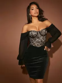 SHEIN SXY Đầm Lộ Lưng Tương phản ren cắt Dây kéo Khối Màu Buổi tiệc - màu đen - Xem 5