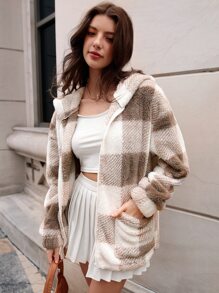 SHEIN EZwear Gingham Zip Up Drawstring Hem Hooded Teddy Coat In Fall/Winter - Multicolor - View 4