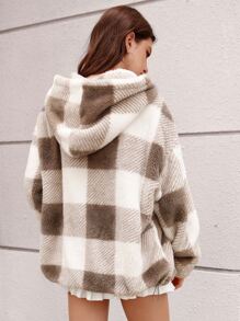 SHEIN EZwear Gingham Zip Up Drawstring Hem Hooded Teddy Coat In Fall/Winter - Multicolor - View 2