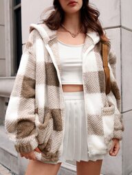 SHEIN EZwear 秋冬格纹拉链抽绳下摆连帽泰迪熊大衣