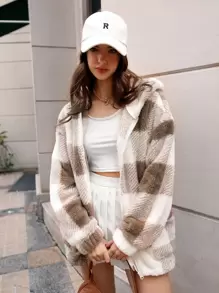 SHEIN EZwear Gingham Zip Up Drawstring Hem Hooded Teddy Coat In Fall/Winter - Multicolor - View 6