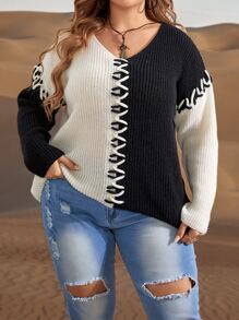 SHEIN LUNE Plus Two Tone Lace Up Drop Shoulder Jumper - Black and White - View 1