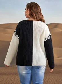 SHEIN LUNE Plus Two Tone Lace Up Drop Shoulder Jumper - Black and White - View 2