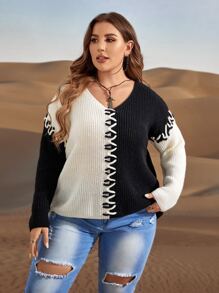 SHEIN LUNE Plus Two Tone Lace Up Drop Shoulder Jumper - Black and White - View 3