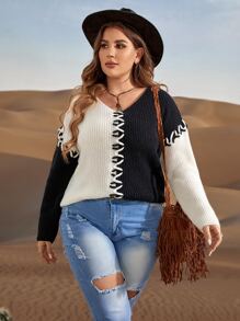 SHEIN LUNE Plus Two Tone Lace Up Drop Shoulder Jumper - Black and White - View 4