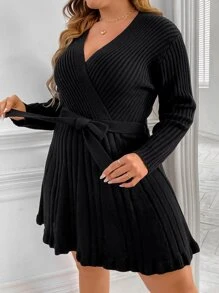 Celure Plus Overlap Collar Solid Belted Jumper Dress - Black - View 1