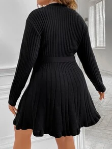 Celure Plus Overlap Collar Solid Belted Jumper Dress - Black - View 2