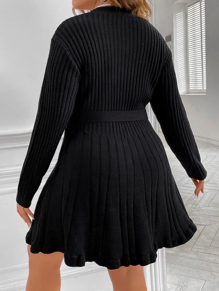 Celure Plus Overlap Collar Solid Belted Jumper Dress - Black - View 2
