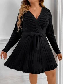 Celure Plus Overlap Collar Solid Belted Jumper Dress - Black - View 3
