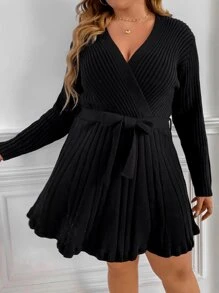 Celure Plus Overlap Collar Solid Belted Jumper Dress - Black - View 4