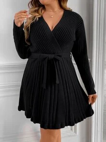 Celure Plus Overlap Collar Solid Belted Jumper Dress - Black - View 5