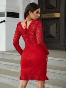 Eilly Bazar 雙V領荷葉邊蕾絲洋裝