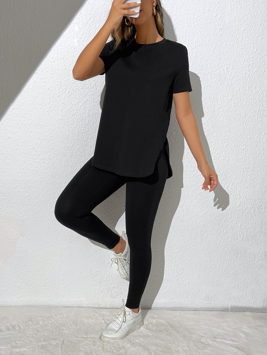SHEIN Essnce Solid Split Side Tee & Leggings - Black - View 1