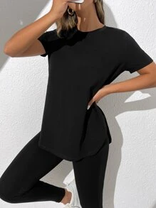 SHEIN Essnce Solid Split Side Tee & Leggings - Black - View 3