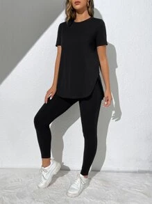 SHEIN Essnce Solid Split Side Tee & Leggings - Black - View 4