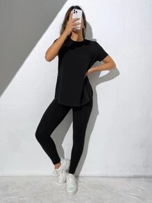 SHEIN Essnce Solid Split Side Tee & Leggings - Black - View 6