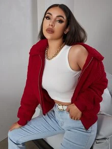 Eilly Bazar 拉鏈絨毛夾克 - 酒紅色 - 查看 5