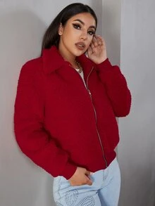 Eilly Bazar 拉鏈絨毛夾克 - 酒紅色 - 查看 6