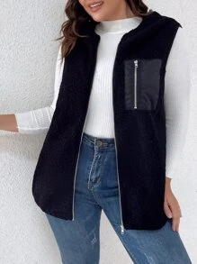 SHEIN LUNE Plus Zip Pocket Hooded Teddy Vest Coat - Black - View 1