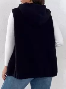 SHEIN LUNE Plus Zip Pocket Hooded Teddy Vest Coat - Black - View 2