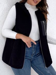 SHEIN LUNE Plus Zip Pocket Hooded Teddy Vest Coat - Black - View 3