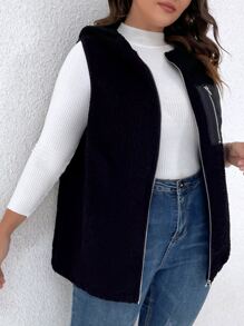SHEIN LUNE Plus Zip Pocket Hooded Teddy Vest Coat - Black - View 4