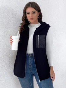 SHEIN LUNE Plus Zip Pocket Hooded Teddy Vest Coat - Black - View 5