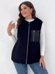 SHEIN LUNE Plus Zip Pocket Hooded Teddy Vest Coat - Black - View 6