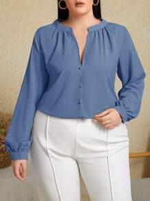 SHEIN Clasi Áo sơ mi Plus Size Nút phía trước màu trơn Thanh lịch - Màu xanh bụi bặm - Xem 1