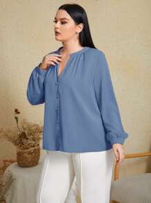 SHEIN Clasi Áo sơ mi Plus Size Nút phía trước màu trơn Thanh lịch - Màu xanh bụi bặm - Xem 4