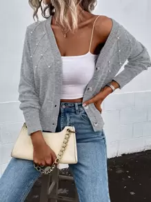 SHEIN LUNE Pearl Beaded Textured Knit Cardigan,Long Sleeve Tops Fall Winter Cloth For Women - Light Grey - View 4