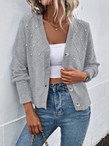 SHEIN LUNE Pearl Beaded Textured Knit Cardigan,Long Sleeve Tops Fall Winter Cloth For Women - Light Grey - View 5