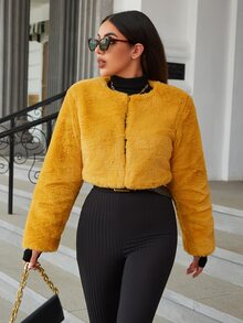 Eilly Bazar Solid Fuzzy Coat - Mustard Yellow - View 4