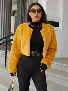 Eilly Bazar Solid Fuzzy Coat - Mustard Yellow - View 5