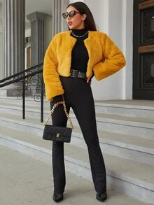 Eilly Bazar Solid Fuzzy Coat - Mustard Yellow - View 6