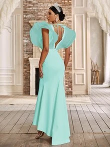 YISIKADO 深V領露背打結誇張荷葉邊魚尾裙下擺正式連衣裙 - 薄荷綠 - 查看 2