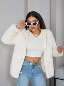 Eilly Bazar Solid Zip Up Hooded Fuzzy Coat - White - View 1