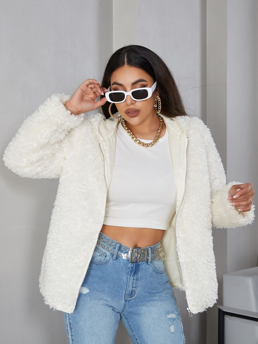 Eilly Bazar Solid Zip Up Hooded Fuzzy Coat - White - View 1